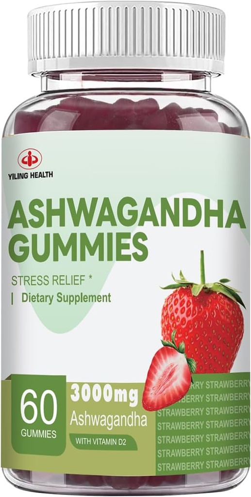 YiLing Ashwagandha Gummies for Women ' Men, 3000 Mg of High-Potency Ashwagandha Root Extract Boosts Energy, Mejora el sueño, Alivia el estrés y calma Mood, 60 Conde Strawberry Flavor Ashwagandha