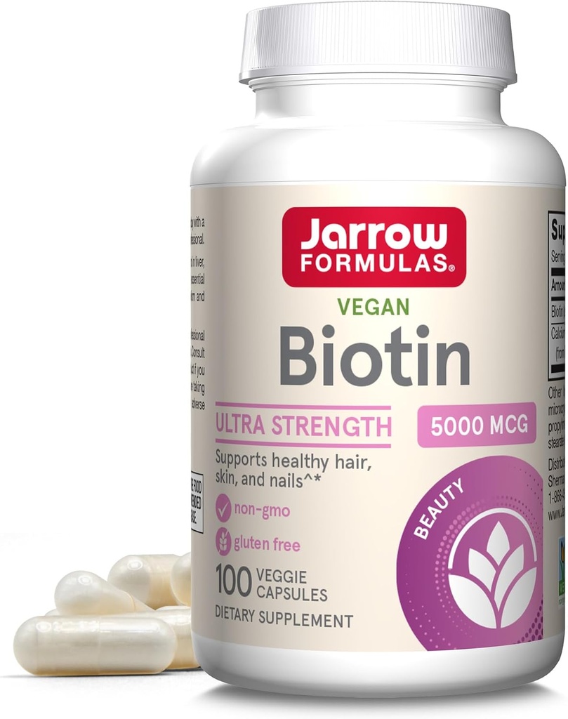 Jarrow Formulas® Biotin Ultra Strength 5000 mcg, Suplemento dietético, Hair, Skin y Nails Support, 100 Veggie Capsules, hasta 100 Day Supply