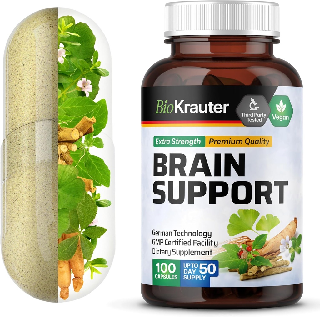 BIO KRAUTER Brain Support Supplement - 100 Count - 1300 mg Blend of Ashwagandha, Panax Ginseng y Ginkgo Biloba - Vegan, No Fillers