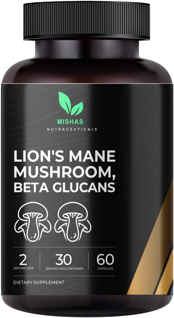 Mishas Lions Mane Suplemento - Organic Lions Mane - Brain Health Support - Mushroom Support for Focus &amp; Memory, Immune & Nervous Function System Women &amp; Hombre - 60 Vegan Capsules