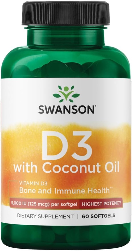 Swanson High Potency Vitamin D-3 w/Coconut - Natural Supplement Promoting Bone Health & Immune System Support - May Help Increase Calcium Absorption - (60 Softgels, 125mcg Cada)
