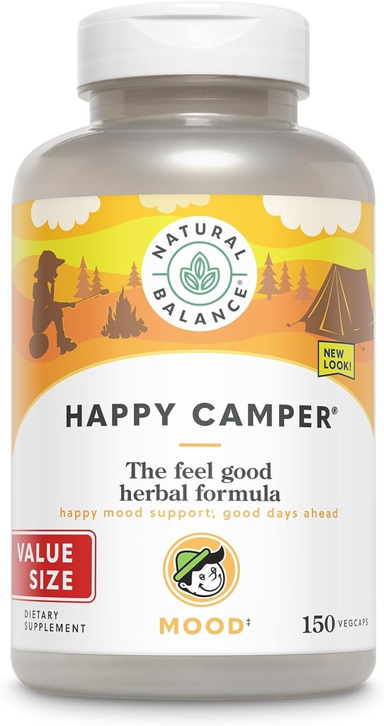 Natural Balance Happy Camper - Feel-Good Mood Support Supplement - Gotu Kola, Passion Flower, and Kava Kava Capsules - Garantía de 60 días - 75 Serviciones, 150 VegCaps