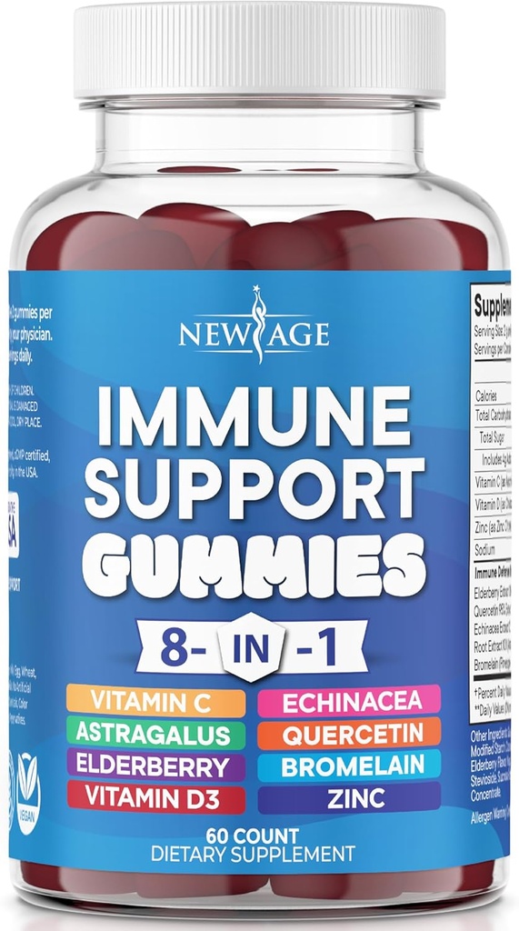 NEW AGE 8 in 1 Immune Support Booster Supplement with Elderberry, Vitamin C and Zinc 50mg, Vitamina D 5000 IU, Quercetin & Bromelain (8 in 1 Gummies (Pack of 1))