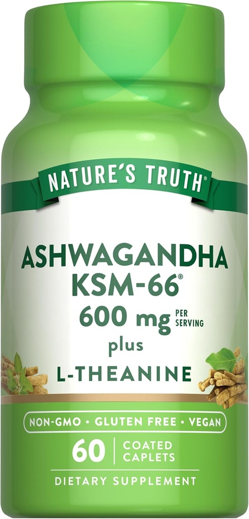 La verdad de la naturaleza KSM-66 Ashwagandha tención 60 cápsulas sometidas con L-Theanine ¦ Vegan, Non-GMO, " Gluten Free Supplement