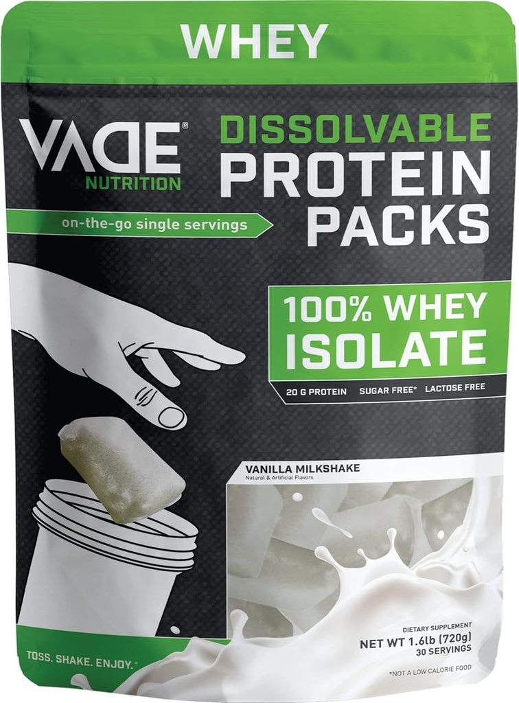 Paquetes de proteínas dissolvable VADE - 100% Whey Isolate Protein Powder Vainilla Milkshake - Baja Carb, Baja Calorie, Lactose Gratis, Sugar Gratis, Gluten Gratis - 30 Packets to Go