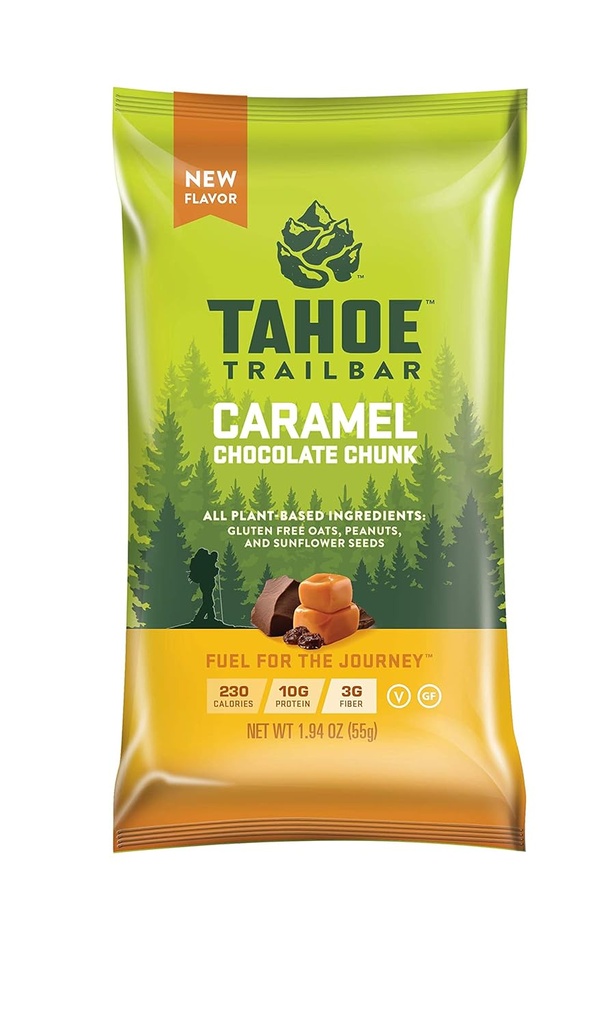Tahoe Trail Bar, Bar de energía natural de base vegetal (1.94 Ounce Protein Bar, 12 Conde) High Protein Non-GMO, Gluten Free, Vegan Healthy Snacks - Caramel Chocolate Chunk