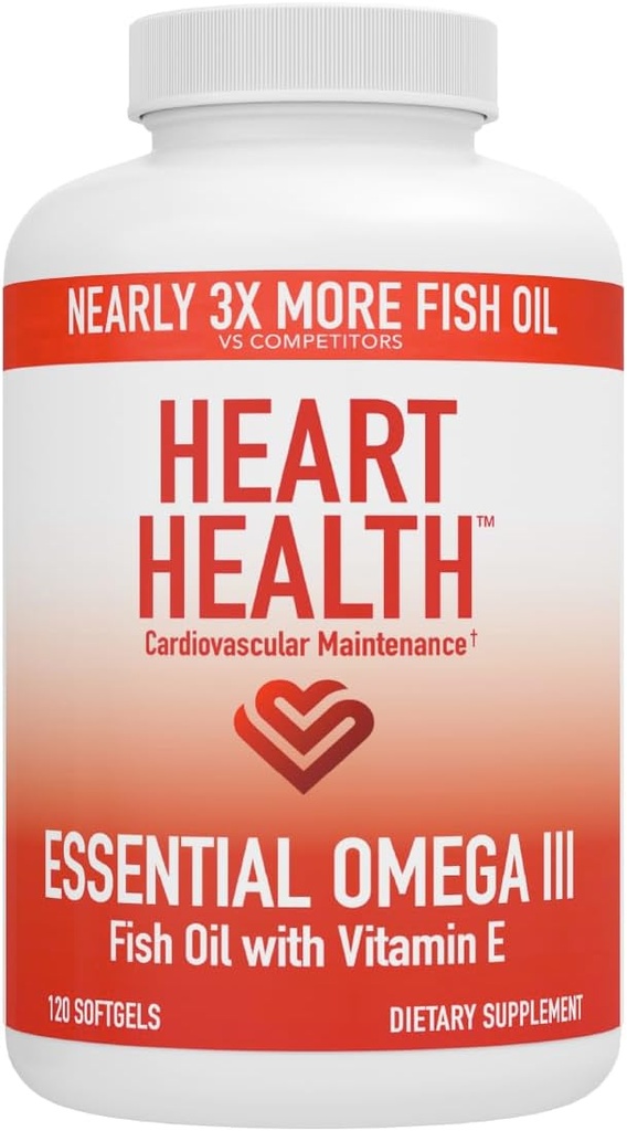 Heart Health Essential Omega 3 Fish Oil with Vitamin E - High Potency Omega 3 Fish Oil Supplement with EPA & DHA - Burpless Softgels from Sardines &amp; Anchovies - Non-GMO, Gluten Free - 60 Servings