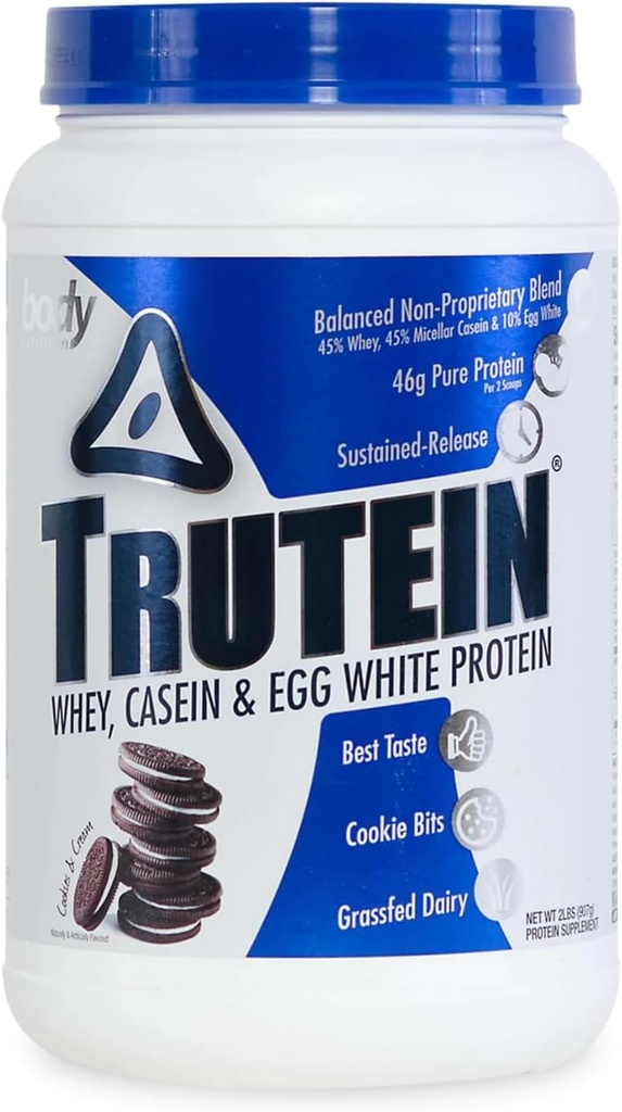 Nutrición corporal Trutein High Protein Powder: 45% Whey, 45% Casein, 10% Egg White Protein Shake Mix, Low Sodium, Low Carb Protein Supplement Powder for Men &amp; Women, Cookies &amp; Cream, 2lb