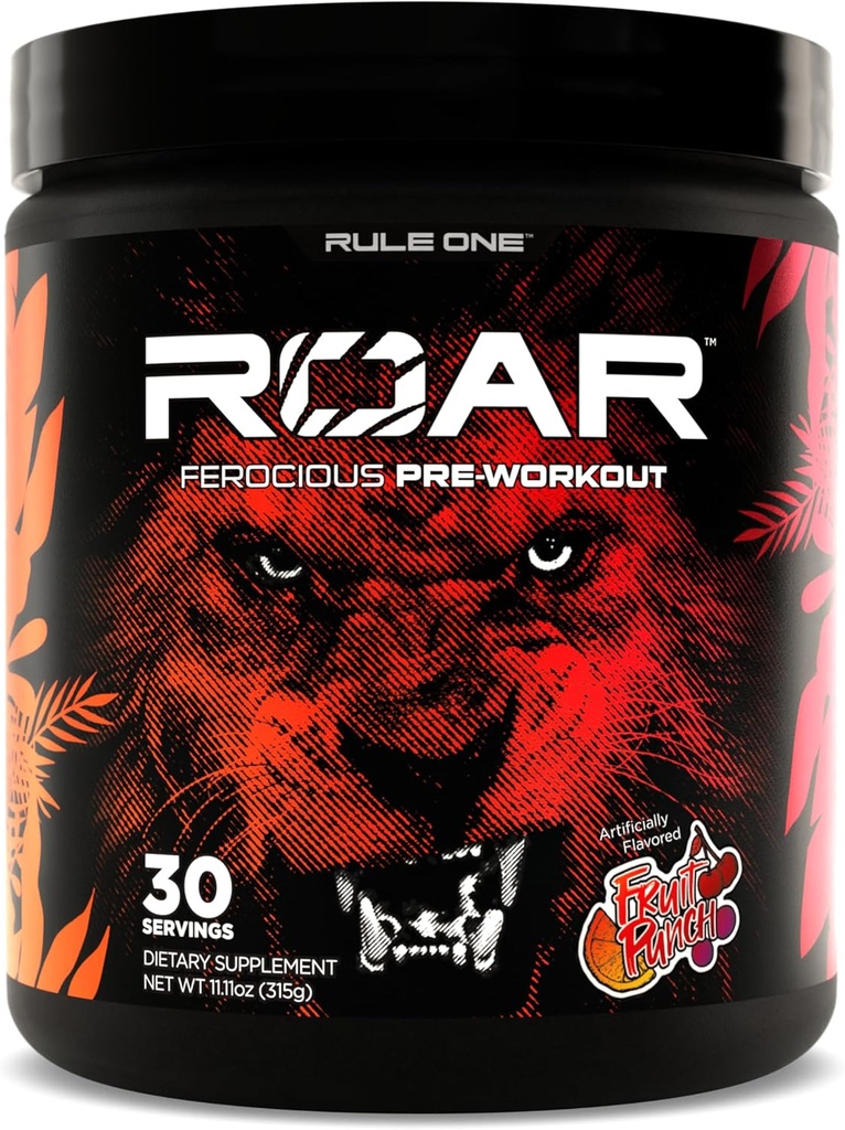 Regla 1 R1 Roar - Pre-Workout Powder con Creatina, Beta-Alanina, Citrulline, Electrolitos &amp; Caffeine (30 Servimientos, Fruit Punch)