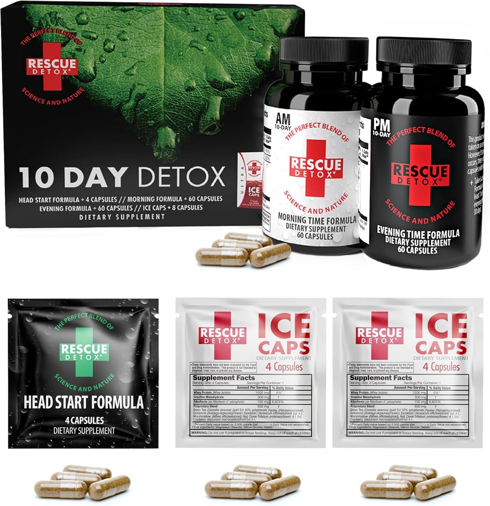 Rescue Detox 10 Day Kit de desintoxicación permanente - 132ct Capsules  durable Full Body Cleanse with Bonus Instant ICE Caps