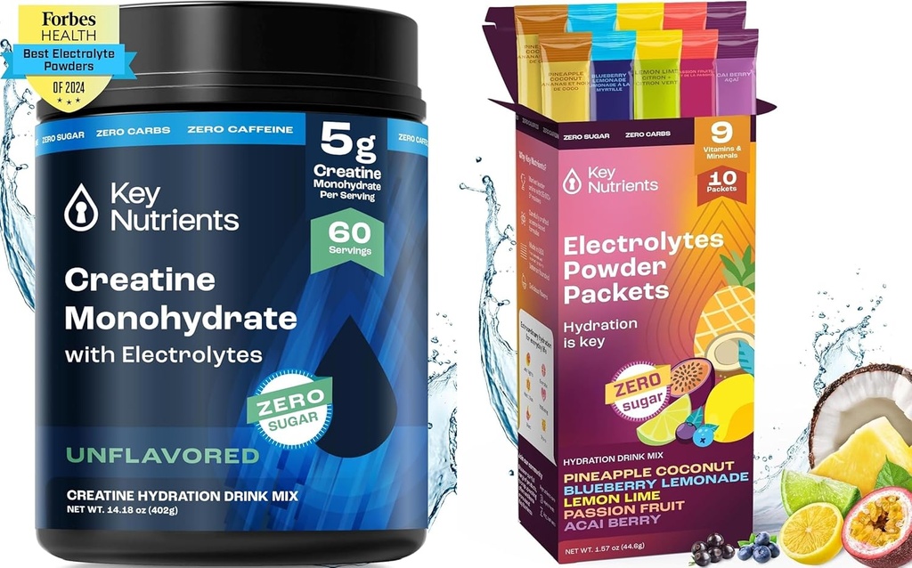 KEY NUTRIENTS Creatine Monohydrate & Hydration Packets Bundle – Unflavored Micronized Creatine Powder (60 Servings) + Electrolyte Powder Packets (10 Servings) – Boost Strength, Hydration &amp; Recovery