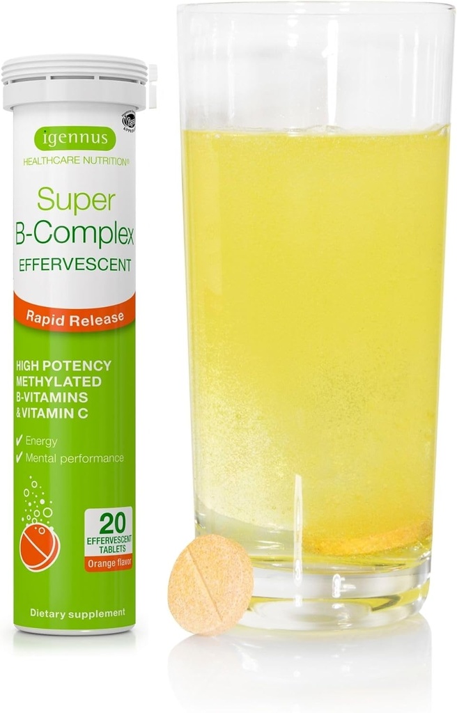 Igennus Super B-Complex Methylated Liquid B-Vitamin Effervescent Suplemento, Fast Action Energy Drink, Caffeine &amp; Sugar-Free, Orange Flavor, Vegan, 20 Tablets