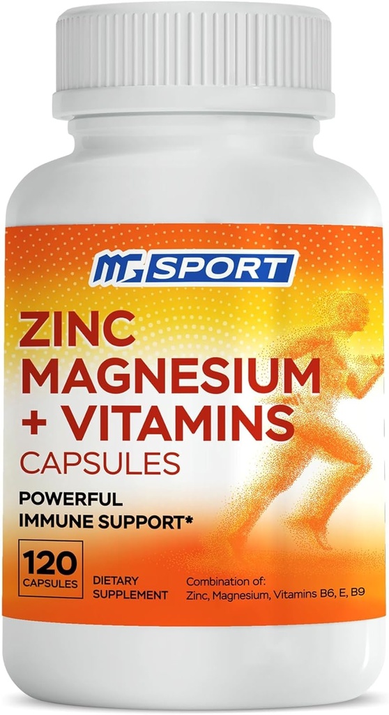 MgSport Magnesium Zinc Suplemento con vitaminas B6, B9, Alta Absorción Combinación de magnesio de zinc para soporte inmunitario, recuperación muscular, EZ-MG Fácil en Stomach, 120 cápsulas