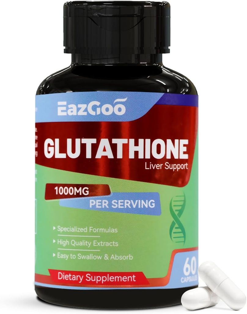 Glutathione Suplemento Antioxidante de 1000mg - Fórmula Vegana Premium para soporte inmunitario, brillo de la piel " Detox del hígado: libre de alérgenos, sin alérgenos, Boost de bienestar eficaz (60 cápsulas)