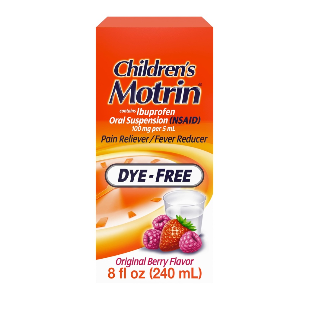 Children's Motrin Oral Suspension 100mg Ibuprofen Medicine, NSAID Fever Reducer & Pain Reliever for Minor Aches & Pains Due to Cold & Flu, Dye Free, Alcohol-Free, Berry Flavored, 8 fl. oz