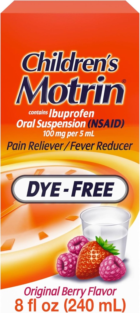 Suspensión Oral Motrin para niños 100mg Medicina de Ibuprofeno, Reductor de Fiebre NSAID &amp; Dolor para dolores menores " Debido a la gripe fría " , Dye Gratis, Alcohol-Free, Berry Flavored, 8 fl. oz