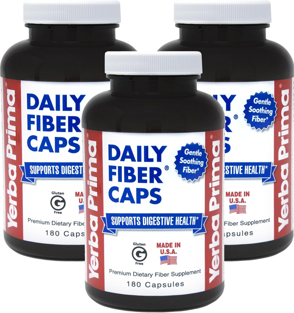 Yerba Prima Daily Fiber Capsules, 180 Caps (Pack of 3) - Soluble Dietary Fiber Supplement - Colon Cleanse - Gut Health - Constipation Relief, Vegan, Non-GMO, Gluten-Free