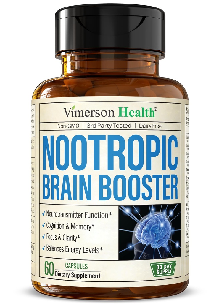 Suplemento Nootropics Brain Support - Booster cerebral nootrópico para mejorar el enfoque, la concentración y la memoria. Brain Nootropic for Brain Health, Mood & Energy Support. No OGM. Hecho en los Estados Unidos. 60 cápsulas