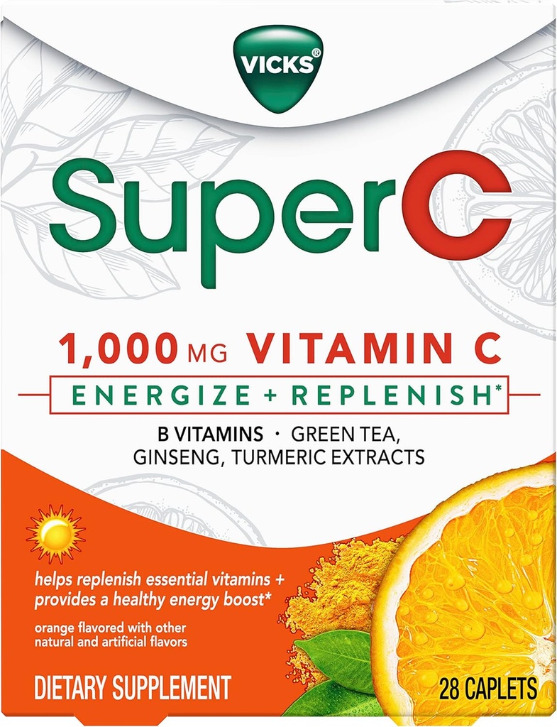 Vicks Super C Energizar + Reponer Suplemento dietético de día con vitamina C, vitaminas B, té verde, ginseng y extractos de Turmérica para ayudar a reponer vitaminas esenciales*, 28 cápsulas