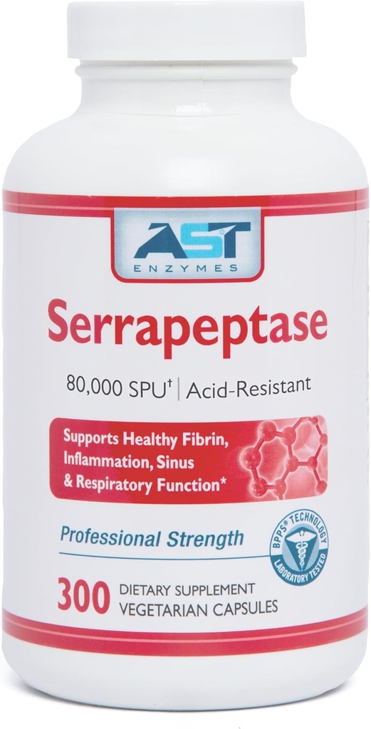 AST Enzymes Serrapeptase 80,000 SPU – 300 cápsulas vegetarianas - Premium Enzimas sistémicos naturales – Serrapeptase resistente al ácido