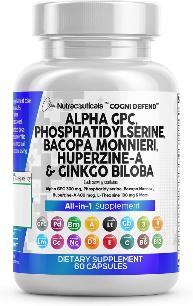 Clean Nutraceuticals Alpha GPC Choline Phosphatidylserine Bacopa Monnieri Ginkgo Biloba Huperzine A Supplement with Urdine Lions Mane Cats Claw NAC Vitamin C B D E