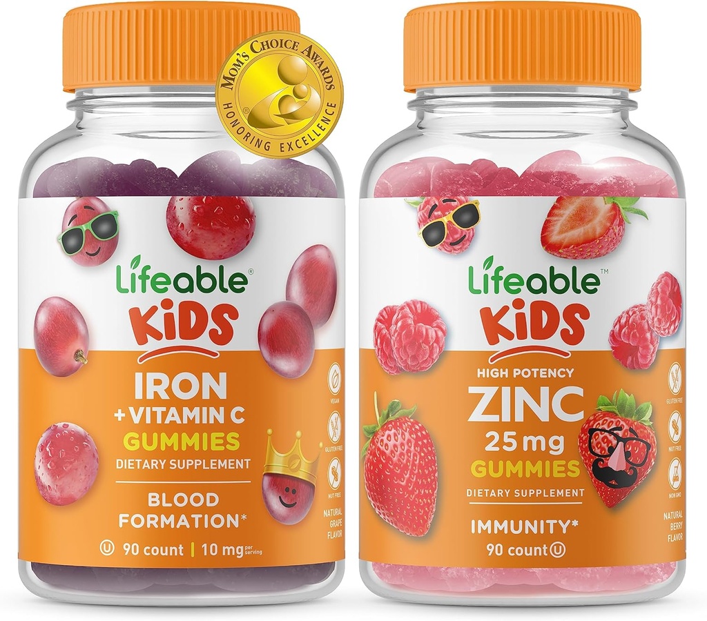 Hierro salvavidas &amp; Vitamina C Kids + Zinc 25mg Niños, Gummies Bundle - Gran Tasting, Suplemento de vitamina, Gluten Gratis, GMO Gratis, Chewable Gummy