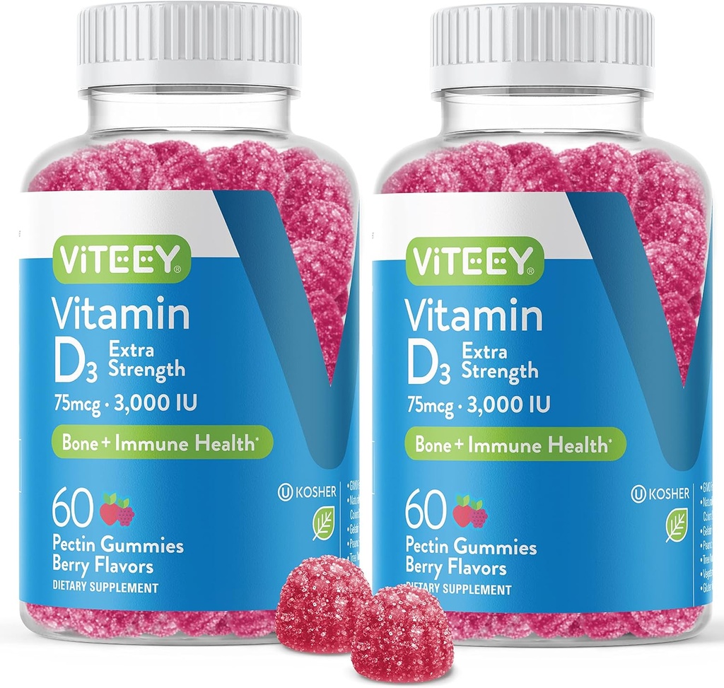 Vitamina D3 Gummies para Adultos & Adolescentes - 3000 UI, 75mcg, Extra Strength - Conjunto &amp; Muscle Health, Immune Boost - Chewable Vitamin D Gummies - Vegetariano, Gelatin Gratis - Tasty Berry Flavored Gummy