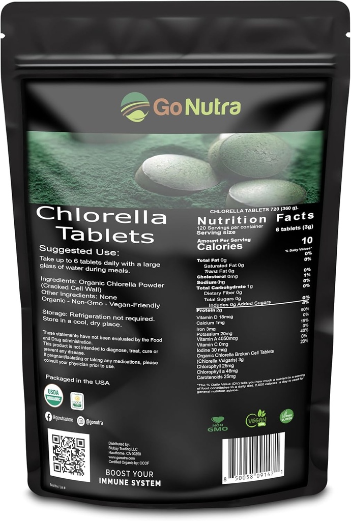 Clorella orgánica Tabletas rotas, 3000mg por ser, 1000 Tabletas - Superalimentos Ricos en minerales, vitaminas, clorofila, ácidos aminoácidos, ácidos grasos, fibras &amp; proteínas, no transgénico &amp; amistoso vegano