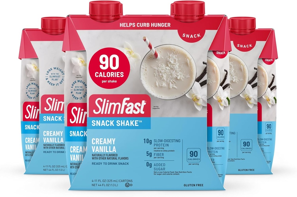 SlimFast Snack Shake, 90 Calorie Fiber Shake, Listo para beber, Protein Drink, Creamy Vanilla, 12 Conde