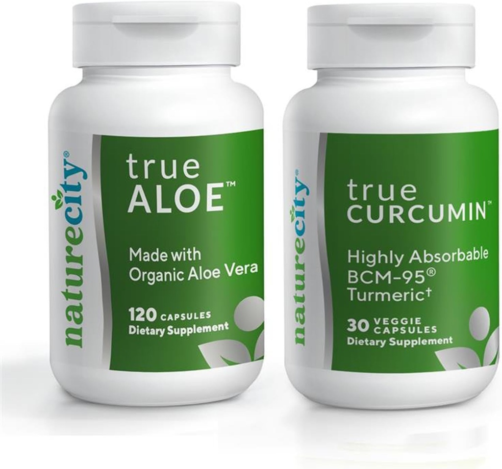 NatureCity Joint Support Bundle Todd True-Aloe Made with Organic AloeVera, 120 Capsules + True-Curcumin with 500mg of Highly Absorbable BCM-95 Curcumin + Turmeric Essential Oil, 30 Capsules