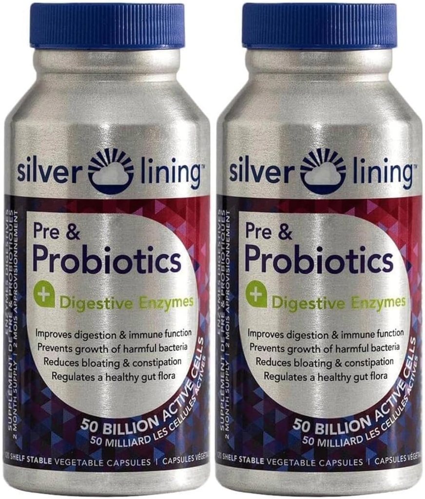 Silver Lining Pre " Probiotics + Enzymes Digestivos TEN 50 Billion CFU/Active Cells TEN Digestive &amp; Immune Function Support, Reduces Bloating  durable Shelf-Stable Formula TEN 240 Count (Pack of 2)