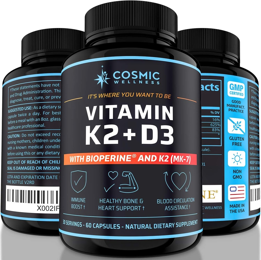 K2 D3 Suplemento de vitamina 5000 Iu - para huesos más saludables, sangre, corazón y mejor inmunidad - Ausorción de calcio mejorada con bioperina - 100% natural y libre de alérgenos - Vitamina D3 K2 Mk7 5000 Iu