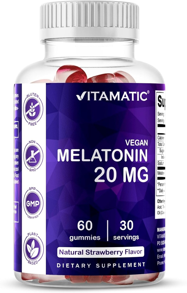 Vitamatic Melatonin 20mg Gummies for Adults, 30 Servings - 60 Cuenta - Suplemento No-Habit Forming