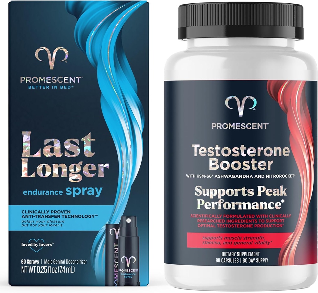 Promescent Delay Spray for Him (7.4ml) + Testosterone Booster for Men Supplement with Tongkat Ali (LongJack), KSM-66 Ashwagandha, Horny Goat Weed, Energy, Stamina
