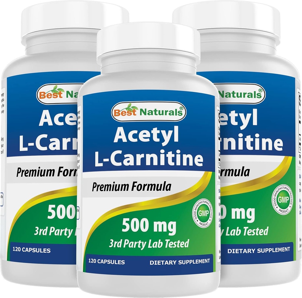 Mejores Naturales Acetyl L-Carnitine (ALCAR) 500mg, 120 Capsules, 120 Serviciones - No GMO y Gluten Gratis, 1 Cápsula por Ser (3 Pack)