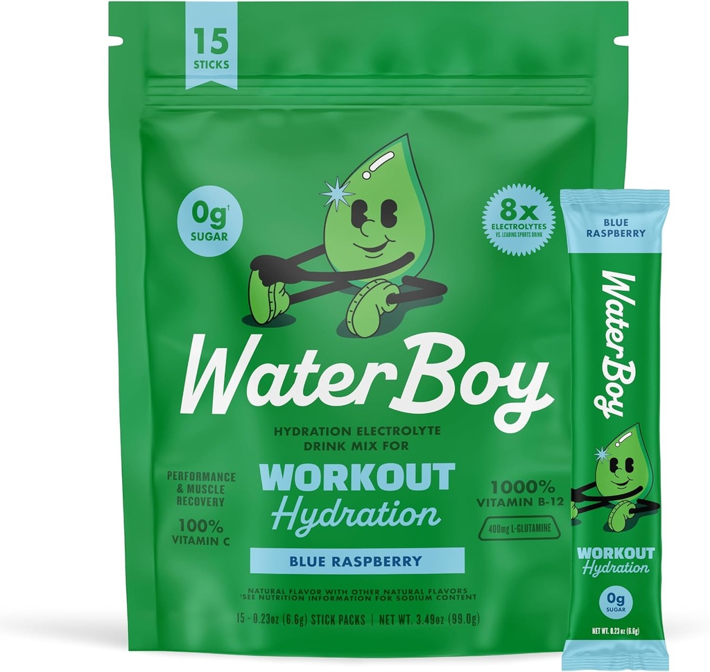 Waterboy Workout Hydration  2,960mg Sugar Free Electrolyte Powder Packets ← L-Glutamine + Vitaminas ← No Sugar, All Natural, Gluten Free ← 15 Drink Stick Mixes (Blue Raspberry)