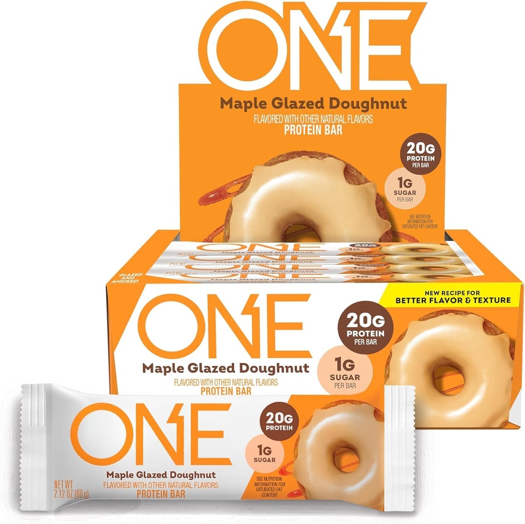 ONE Protein Bares, Maple Glazed Doughnut, Gluten Gratis con 20g Protein y 1g Azúcar, Pantry Staples, 2.12 oz (12 Conde)