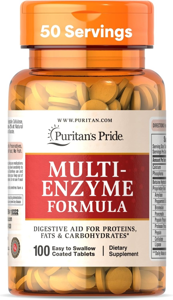 Fórmula multienzima de Puritan, Ayuda Digestiva para proteínas, grasas y carbohidratos, Suplemento dietético para la digestión y el apoyo saludable de Gut, 50 Day Supply, 100 Easy to Swallow Coated Tablets