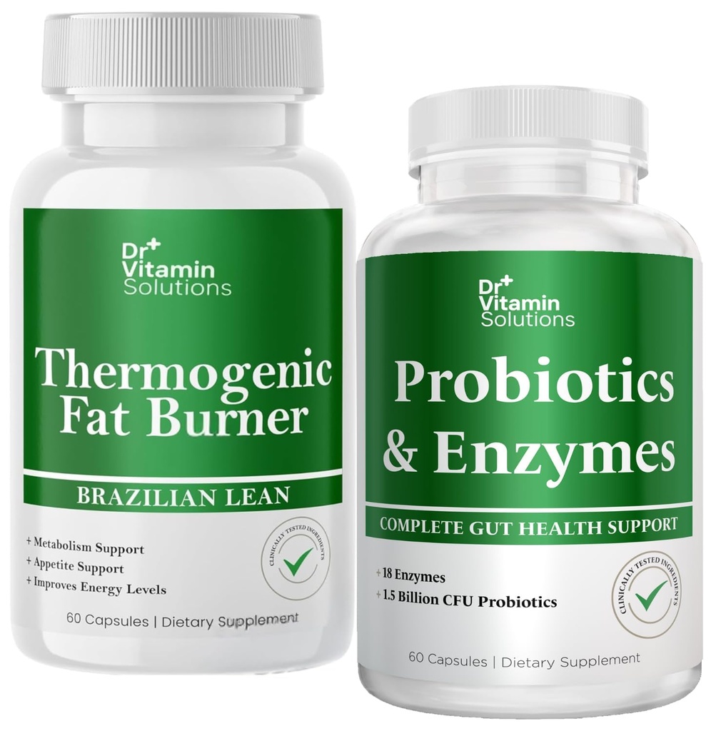 VITAMIN SOLUTIONS Thermogenic Fat Burner " Probiotics Digestive Enzymes with Prebiotics for Digestive Health " Bloating Relief for Women " Men - Bundle 90 Caps