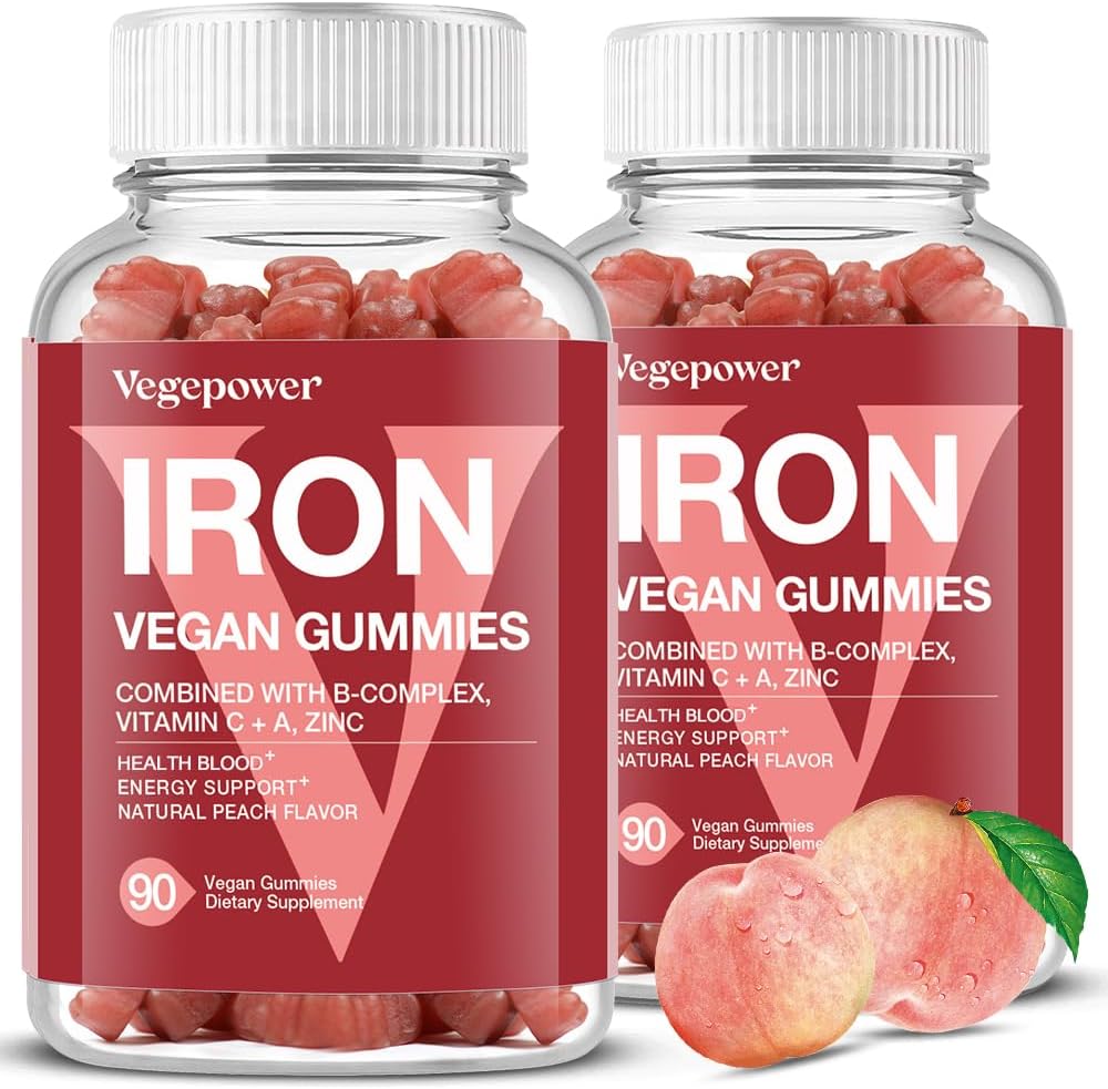 Gummies de hierro vegano Suplemento - Suplemento multivitamínico con vitamina C, A, B & Zinc - Sangre de Salud y Energía de apoyo para la deficiencia de hierro, anemia, no después del gusto - Peach Flavor(2 paquetes)