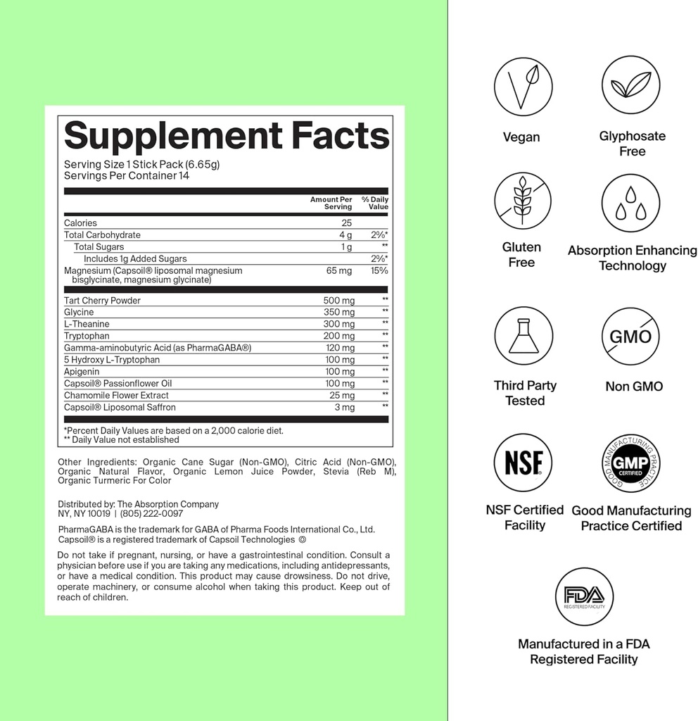 Ayuda al sueño Polvo - Bebida calmante para el sueño profundo con Safrón Liposomal, Magnesium & PharmaGABA Suplemento natural libre de melatonina para reducir el estrés y mejorar la calidad del sueño Chamomile Lemonade 28 Sticks