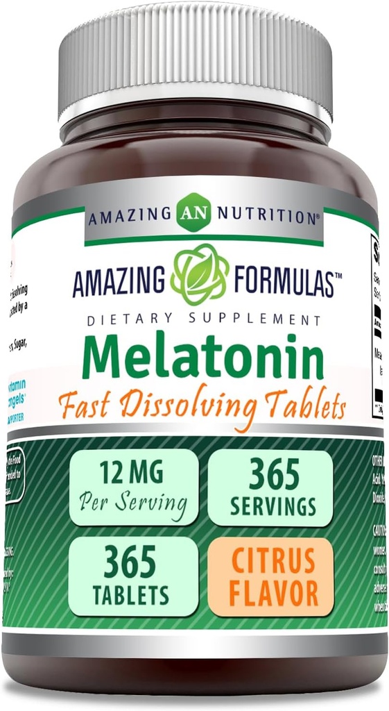 Amazing Formulas Melatonin Fast Dissolving Suplemento ← Citrus Flavor ← 12 Mg Por Serving Silencio 365 Tablets ← Non-GMO Silencio Gluten Free ← Made in USA
