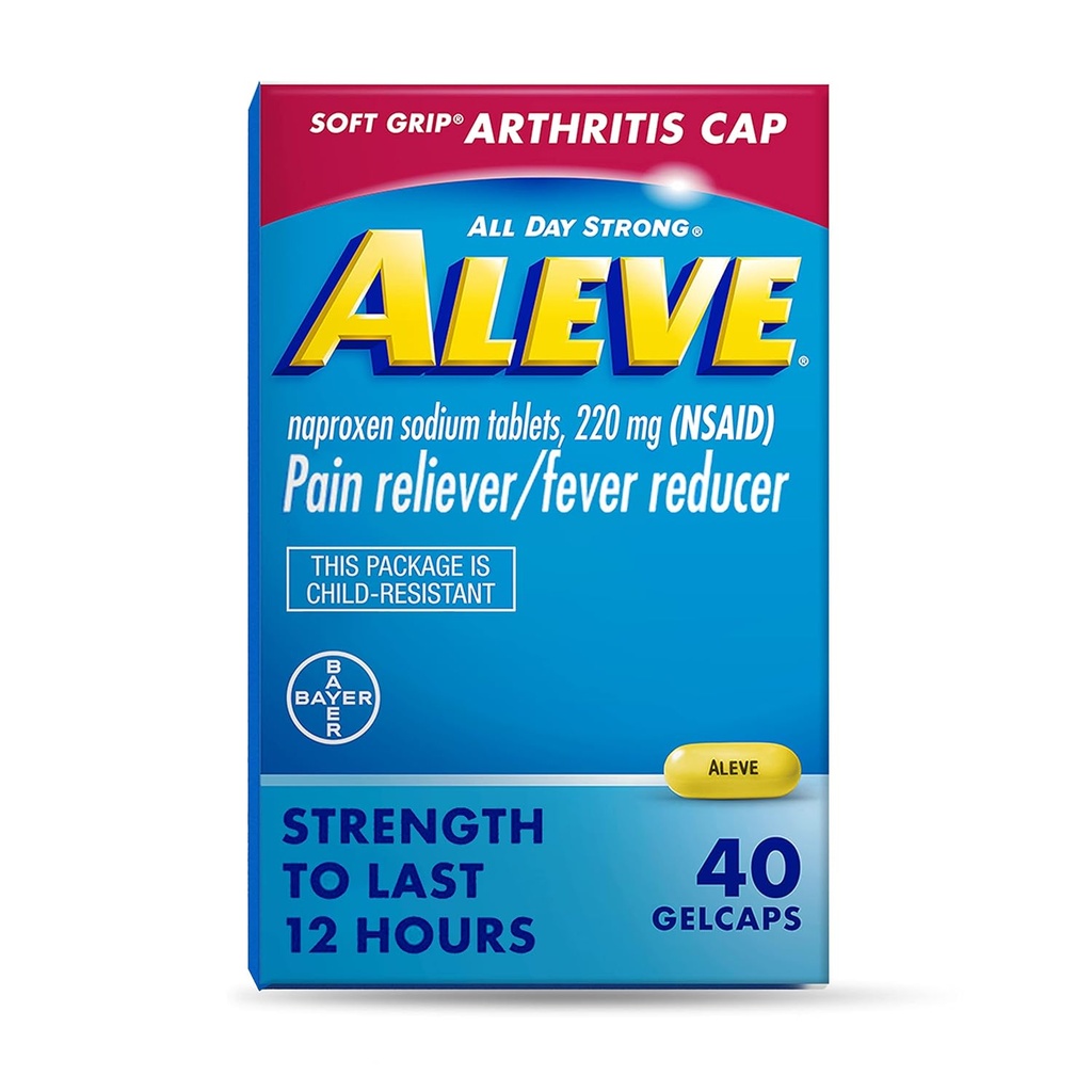 Aleve Gelcaps con Soft Grip® Cap, Naproxen Sodium, Doin Relief Medicine, 40 Conde