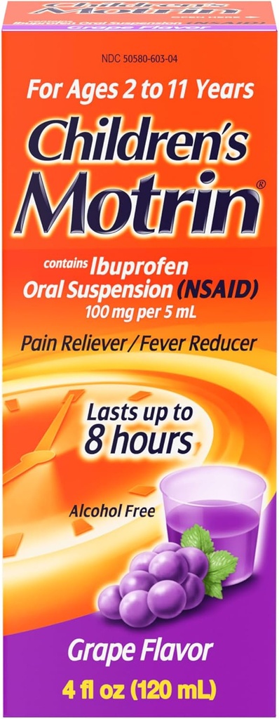 Suspensión Oral Motrin de los niños, Alivio del dolor, Ibuprofeno, Sabor de la uva, 4 Oz