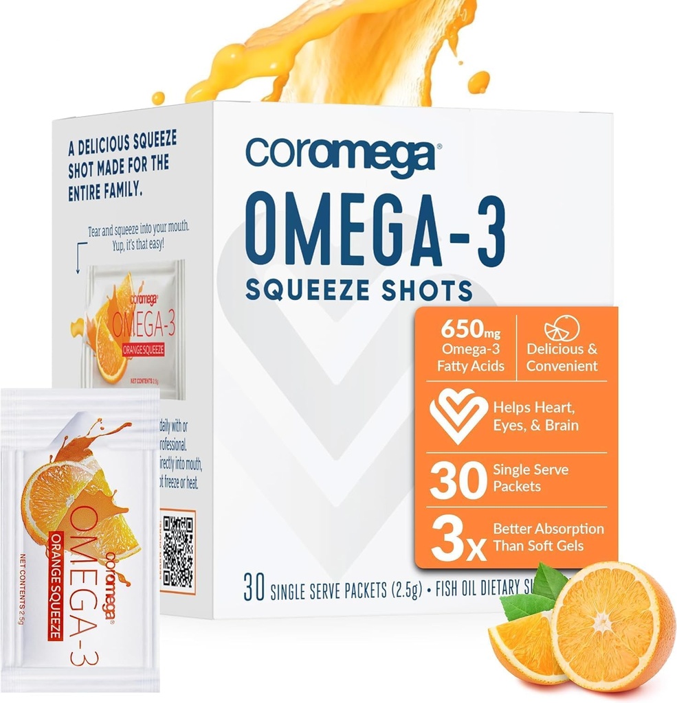 Coromega Omega 3 Fish Oil Suplemento, 650 mg de Omega-3 con 3X Mejor Absorción que Softgels, Orange Flavor, 30 Single Serve Squeeze Packets