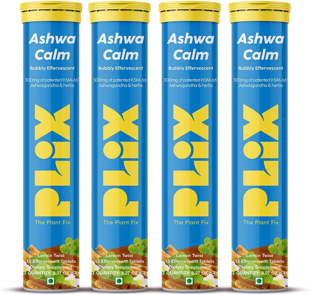 PLIX - THE PLANT FIX KSM-66 Ashwagandha 300mg Suplementos de Efervescencia para Estrés, Mood & Energy Support with Vitamin D3 &amp; Brahmi - 60 Vegan, Non-GMO, Gluten-Free Tablets, Pack of 4