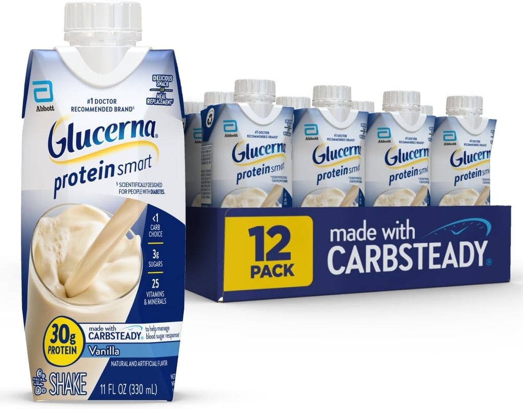 Glucerna Protein Smart Diabetes Care Shake, Vanilla, Diabetic Meal Replacement to Support Blood Sugar Management, 30g Protein, 150 Calories, Listo para beber, 11-fl-oz Bottle, 12 Pack