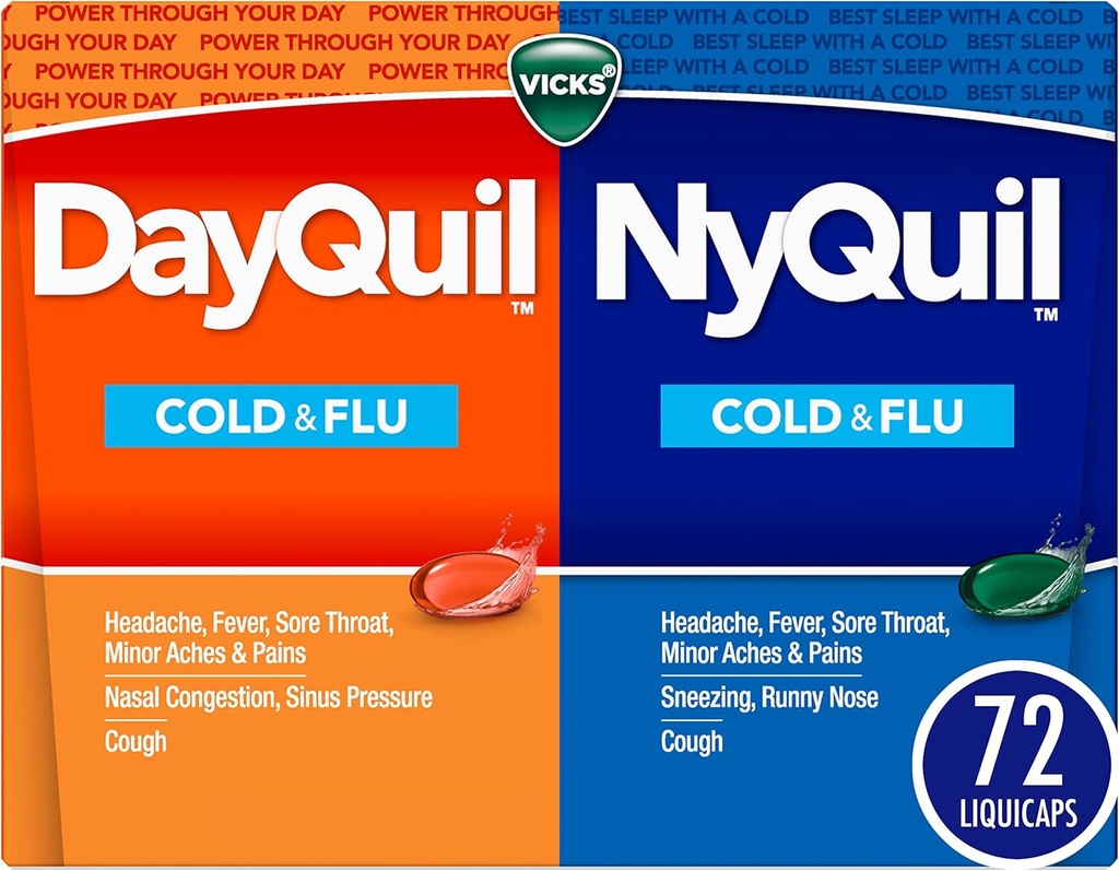 Vicks DayQuil &amp; NyQuil Co-Pack, Frío &amp; Flu Medicine, Powerful Multi-Symptom Daytime &amp; Nighttime Relief for Headache, Fever, Sore Throat, Minor Aches & Pains, " Cough, 72ct