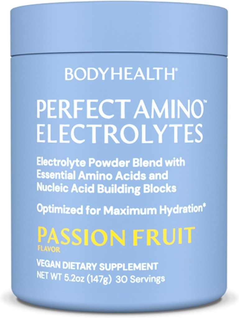BodyHealth PerfectAmino Electrolytes Polvo No Azúcar, Hidratación Ayuno Keto Zero Azúcar Electrolitos Beber mezcla con minerales Traza - Fruta Pasión - 30 Servimientos