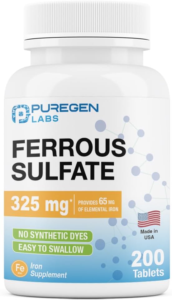 Laboratorios de puré Sulfato de ferroso 325 mg (65 mg de hierro elemental) Suplemento de hierro de alta potencia Silencio sin adición de color artificial - 200 tabletas hechas en EE.UU.